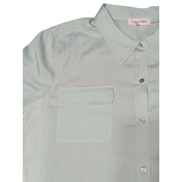 Calvin Klein Women's Mint Green Button-Up Blouse with Roll Tab Sleeves - Picture 5 of 12